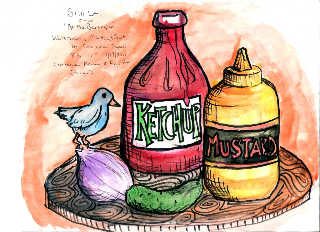 Ketchup, mustard, and onion, a pickle, and a bird. Drawn and watercolored by yours truly.